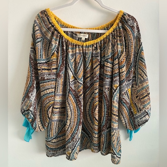 Umgee Top Large Boho Tie Puff Sleeve Abstract Artsy - Picture 1 of 6